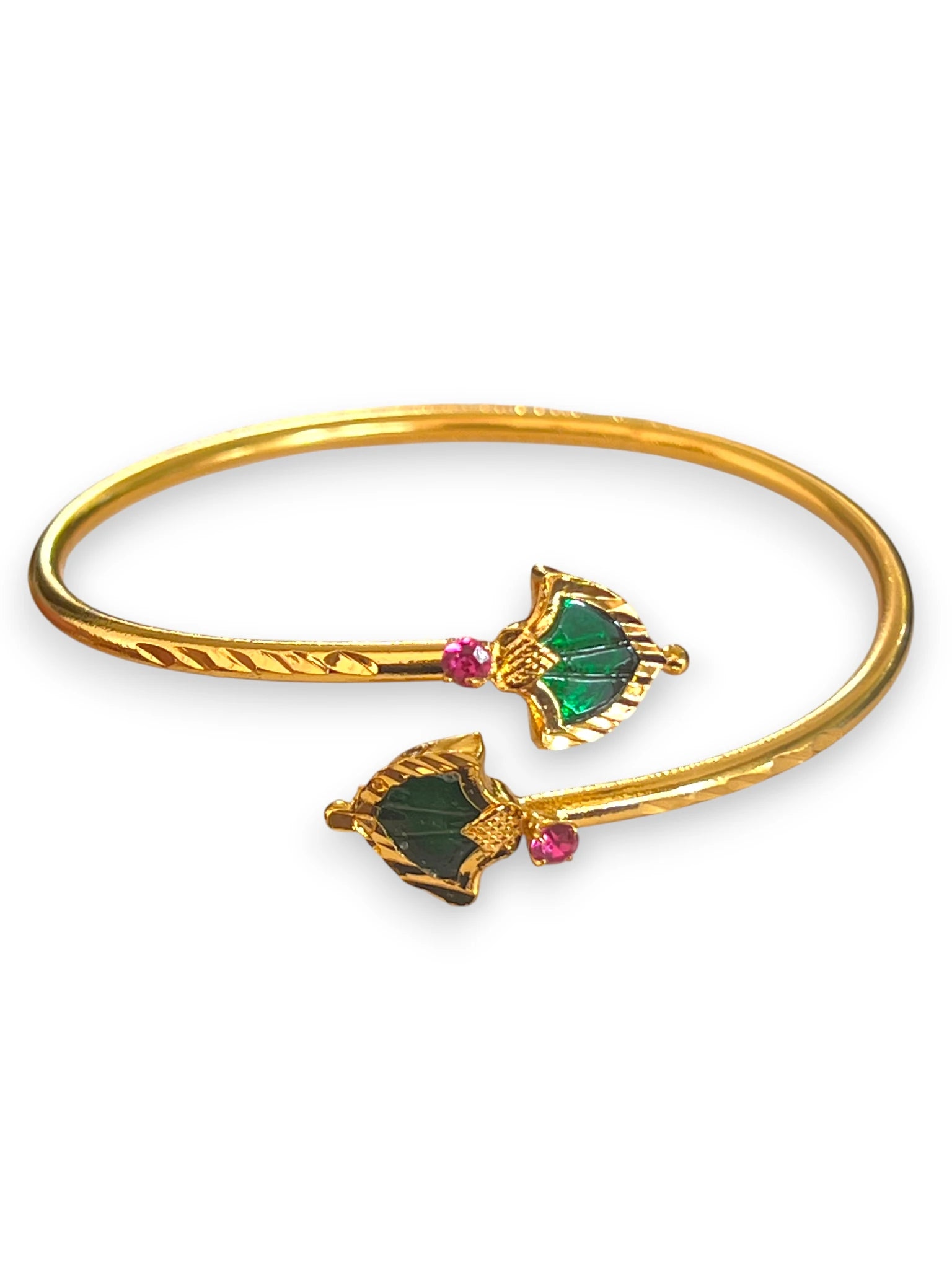 Me19 Micro Gold Plated Palakka Twisted Cuff Bangle | Green & Red Stone Jewellery, India