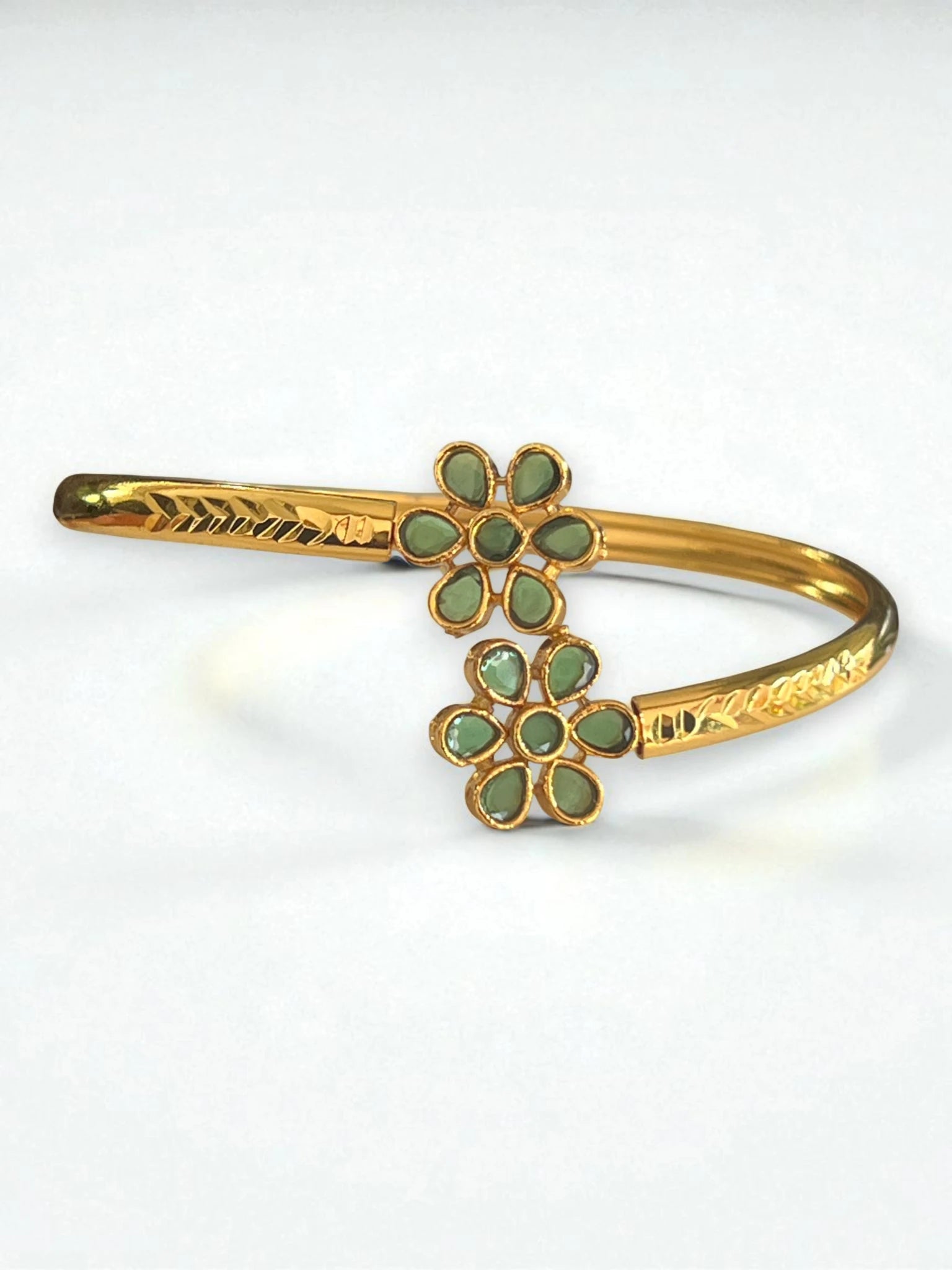 Me19 Micro Gold Plated Floral Cuff Bangle | Green Stone Jewellery  India