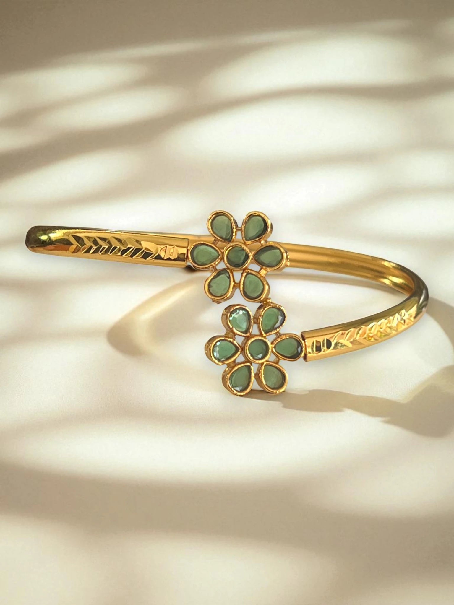 Me19 Micro Gold Plated Floral Cuff Bangle | Green Stone Jewellery  India