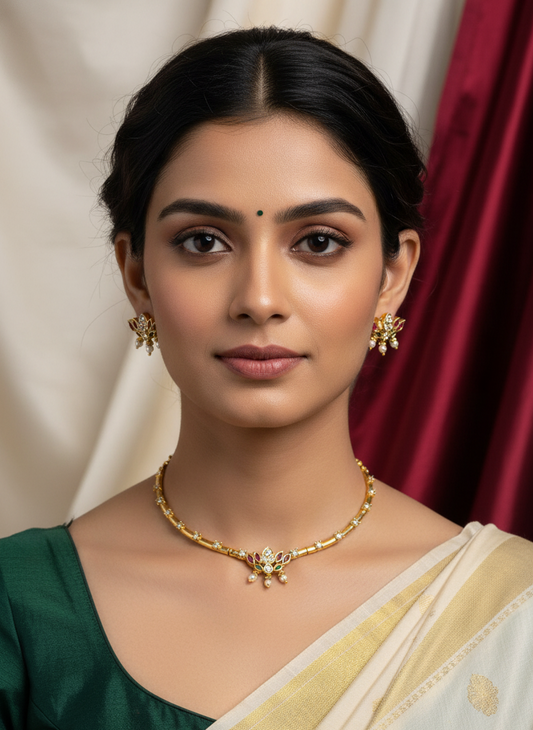 Me19 Ruby & White Stone Necklace Set | Elegant Gold Finish Floral Design with Pearls | Traditional Jewellery Collection