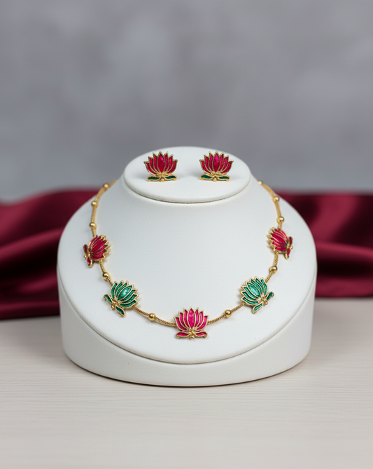 Me19 Lotus Enamel Necklace Set | Dual Tone Pink & Green Lotus Motif | Gold Finish Ethnic Jewellery Collection