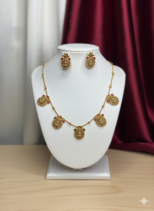 Me19 Temple Jewellery Necklace Set | Antique Gold Goddess Lakshmi Design | Traditional South Indian Bridal Set