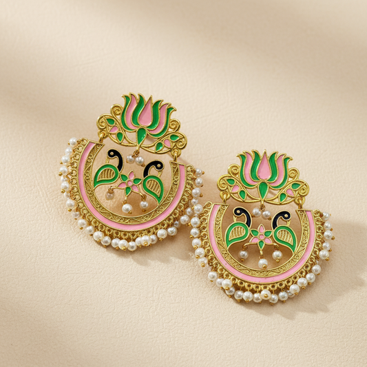 Me19 Earrings | Chandbali Earrings | Lotus Earrings | Enamel Jewellery | Pearl Earrings | Festive Jewellery | Handcrafted Earrings | Ethnic Accessories