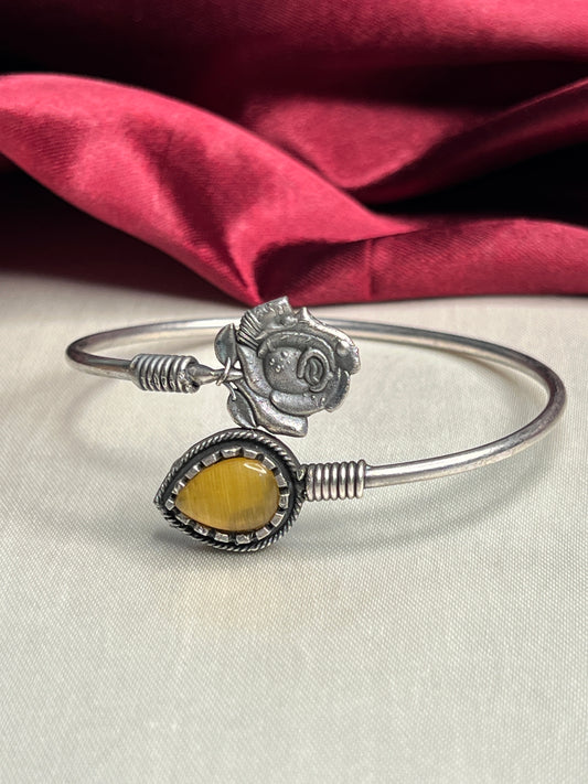 Me19 Oxidized Silver Brass Rose Design Cuff Bracelet with Yellow Monmalisa Stone | Handcrafted Ethnic Jewellery Made in India