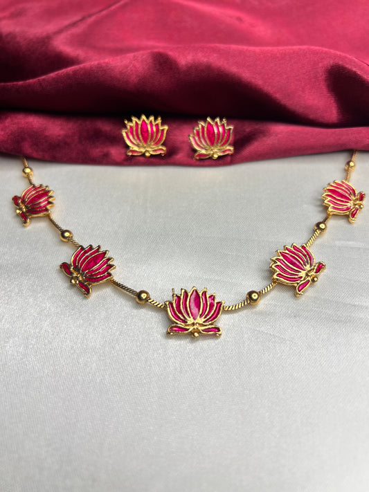 Me19 Pink Lotus Enamel Necklace Set | Gold Finish Traditional Jewellery | Elegant Festive Collection