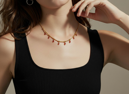Minimalist Micro Gold Plated Red Stone Drop Necklace with Bead Chain | Me19 Jewellery India