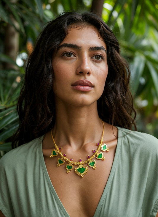 Traditional Green Stone Palakka Necklace with Ruby Stones | Me19 Temple Jewellery India