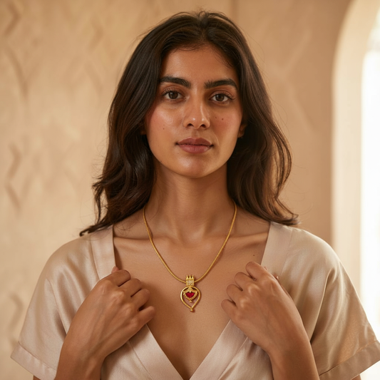 A woman wearing a Me19 Palakka style necklace with a crowned heart pendant and a red stone on a thick rope chain. A piece of micro gold-plated, Kerala-inspired wedding jewellery.