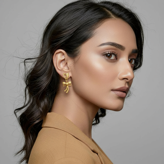 Matte finish gold-plated bow drop earrings for women – Me19 imitation jewellery India