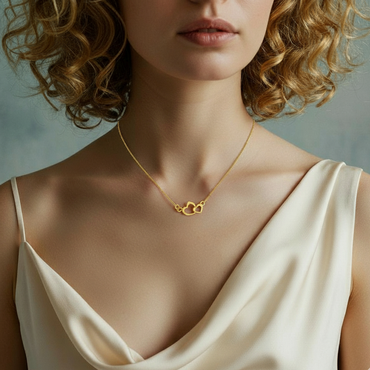 A woman wearing a Me19 micro gold-plated necklace with a pendant of two interlocking open hearts. A minimalist and elegant piece of artificial jewellery from Kerala, India.