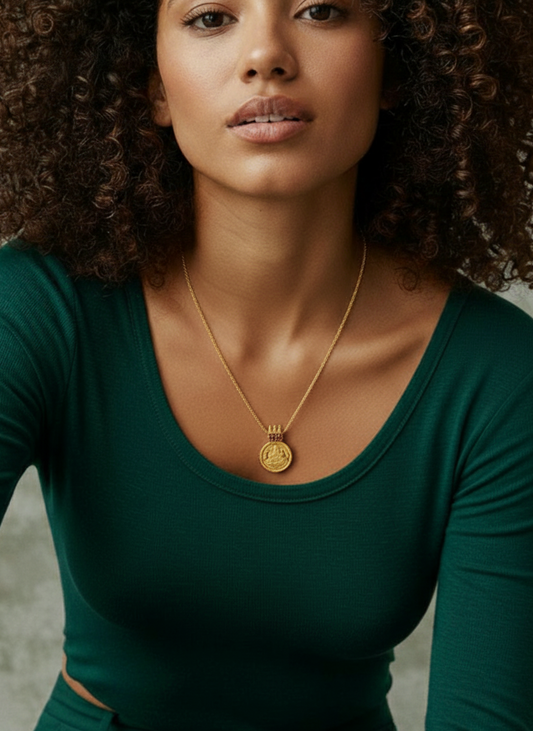A woman wearing a Me19 micro gold-plated medallion pendant necklace with a goddess motif. A classic piece of temple-inspired artificial jewellery from Kerala, India.