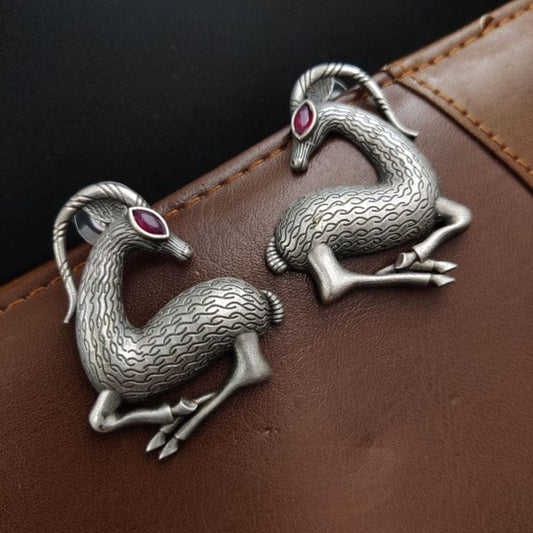 Me19 Antique Silver Gazelle Motif Statement Earrings in India