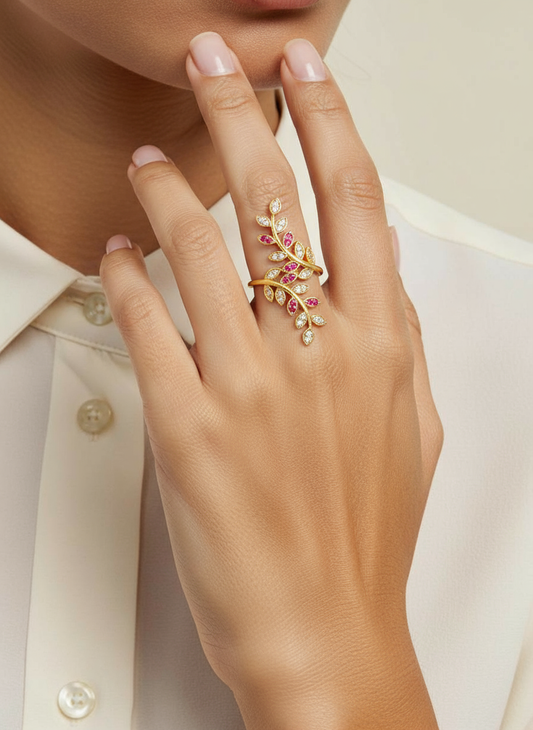 Leaf design AD stone ring with ruby and white stones, micro gold plated women’s jewellery by Me19