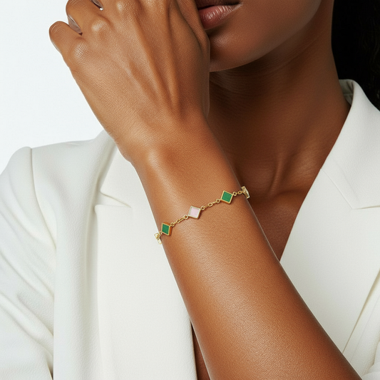 A woman wearing a Me19 micro gold-plated bracelet with interconnected diamond links featuring multi-coloured stones. A minimalist and elegant piece of artificial jewellery from India.
